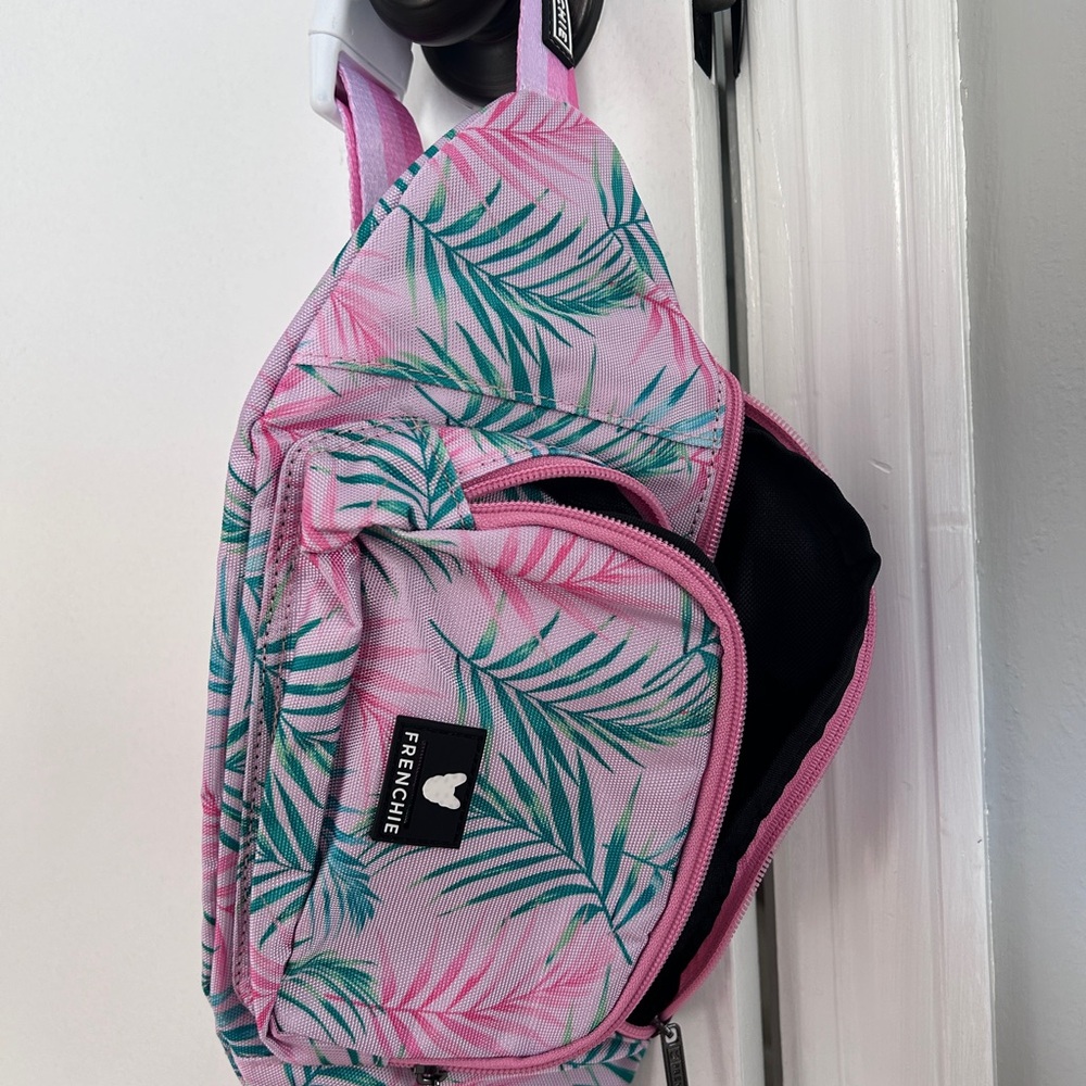 Frenchie Bulldog: Pink and Green Leaf Print Belt Bag